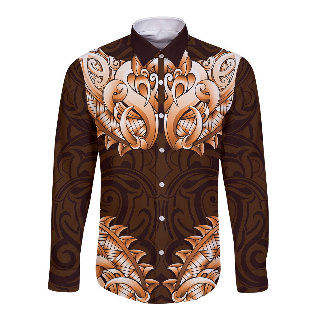New Zealand Ta Moko Long Sleeve Button Shirt Aotearoa Maori Chest Tattoo Orange
