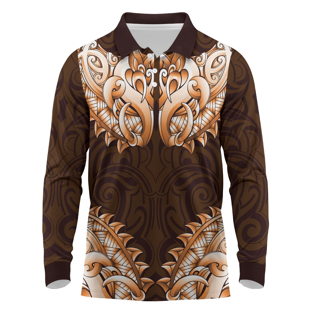 New Zealand Ta Moko Long Sleeve Polo Shirt Aotearoa Maori Chest Tattoo Orange