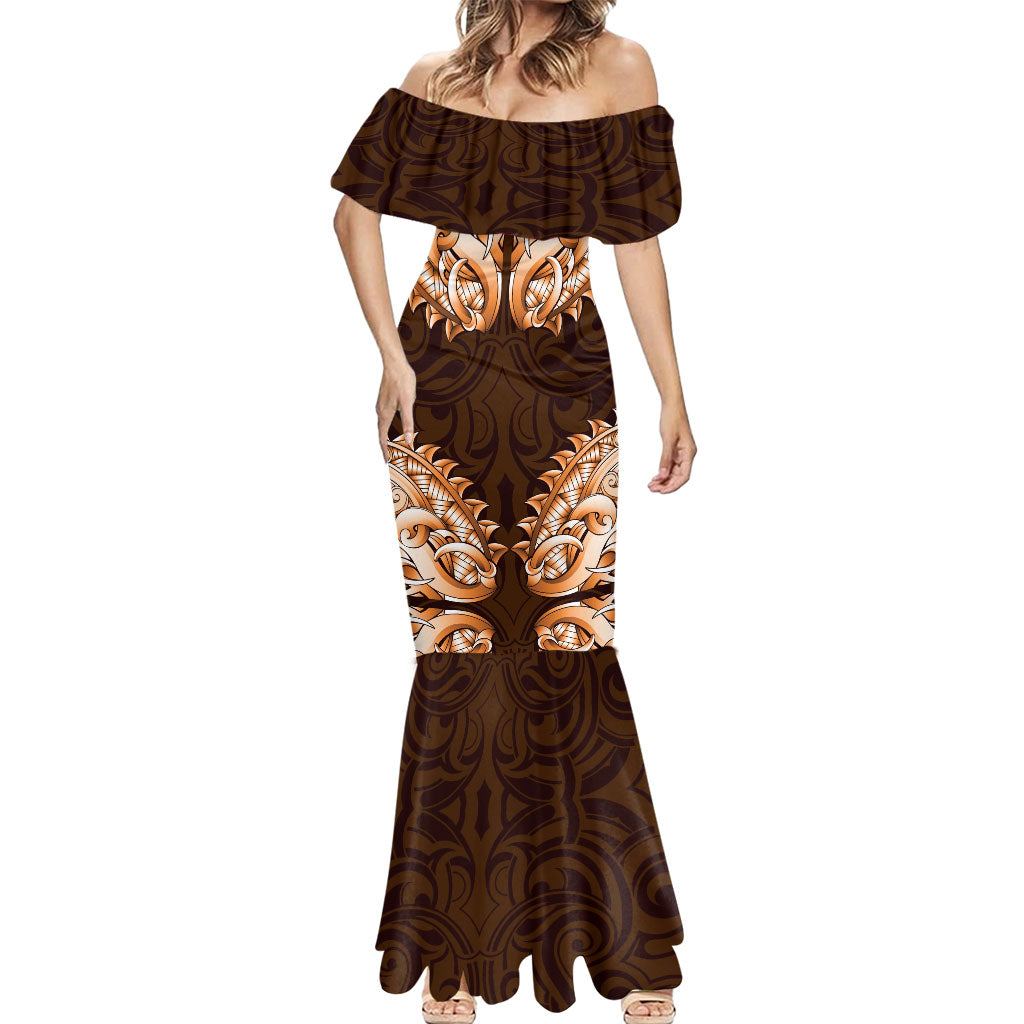 New Zealand Ta Moko Mermaid Dress Aotearoa Maori Chest Tattoo Orange