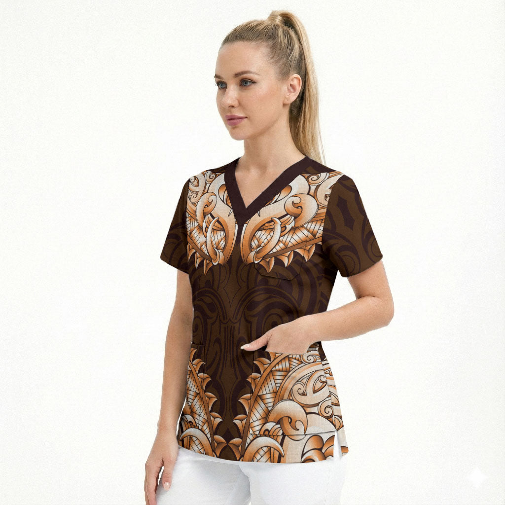 New Zealand Ta Moko Scrub Top Aotearoa Maori Chest Tattoo Orange