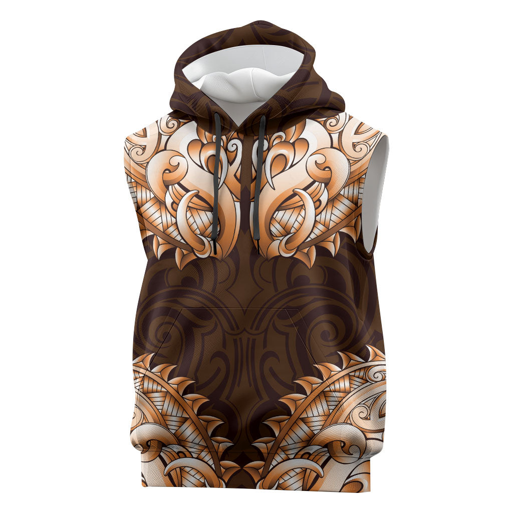 New Zealand Ta Moko Sleeveless Hoodie Aotearoa Maori Chest Tattoo Orange