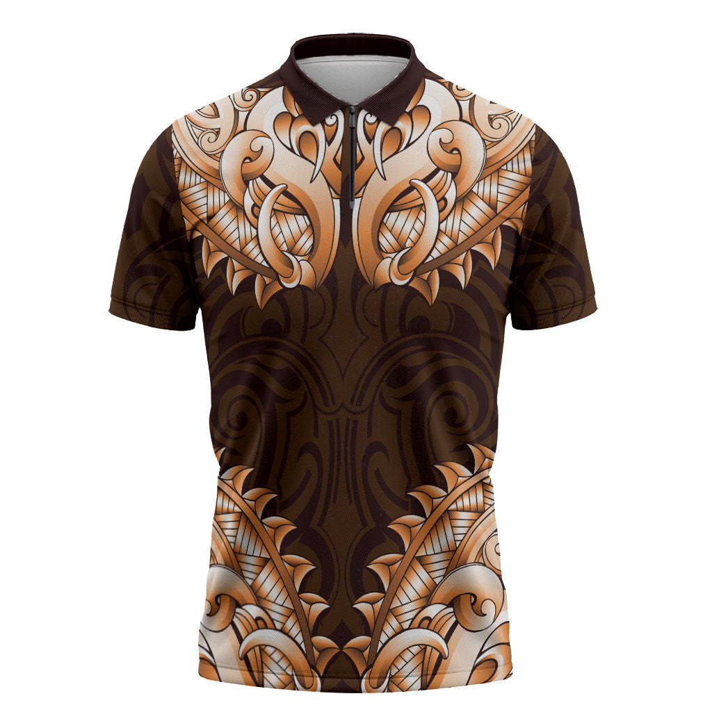 New Zealand Ta Moko Zipper Polo Shirt Aotearoa Maori Chest Tattoo Orange