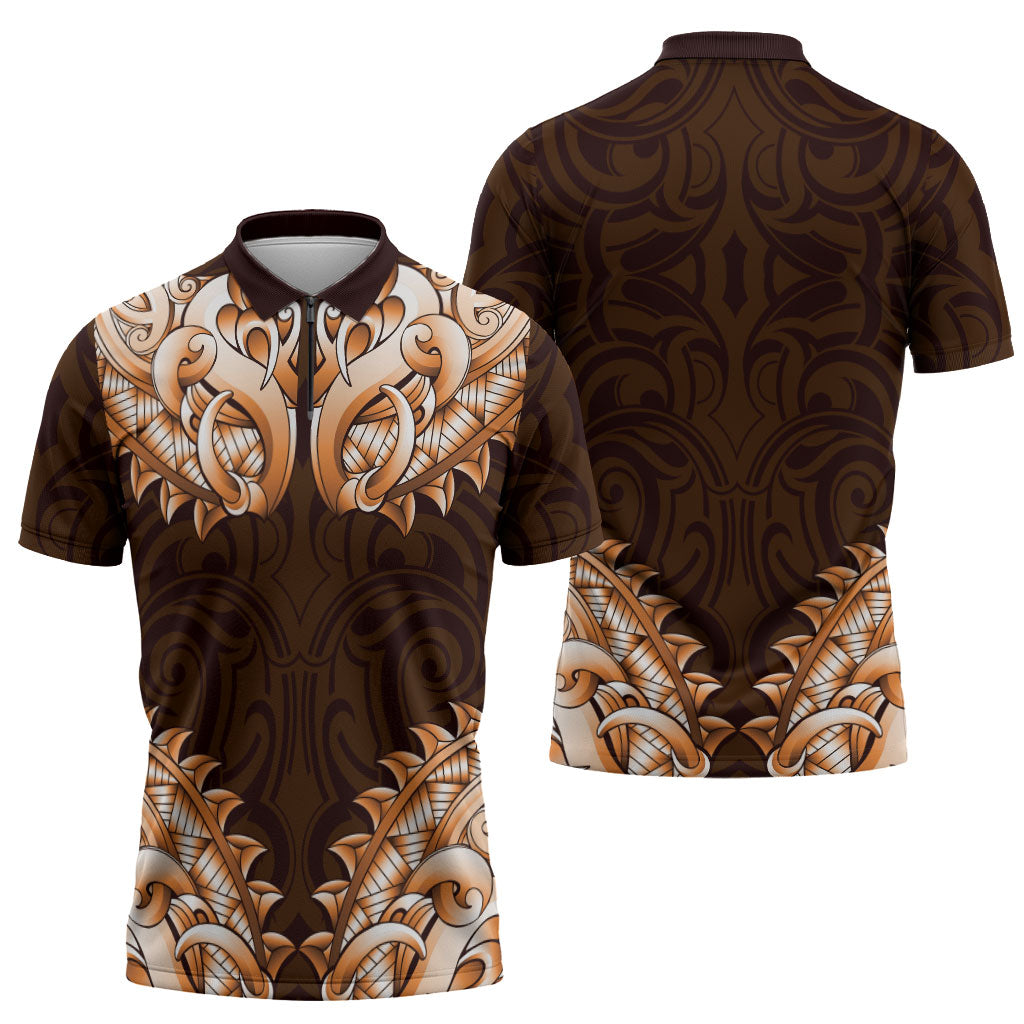 New Zealand Ta Moko Zipper Polo Shirt Aotearoa Maori Chest Tattoo Orange