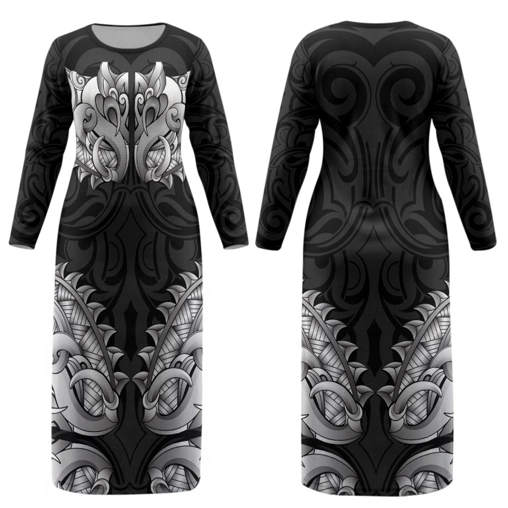 New Zealand Ta Moko Couples Matching Long Sleeve Bodycon Dress and Hawaiian Shirt Aotearoa Maori Chest Tattoo Black