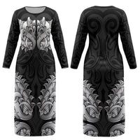 New Zealand Ta Moko Couples Matching Long Sleeve Bodycon Dress and Hawaiian Shirt Aotearoa Maori Chest Tattoo Black