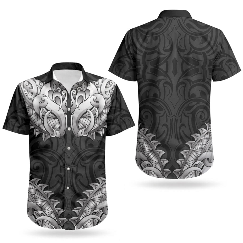 New Zealand Ta Moko Couples Matching Puletasi and Hawaiian Shirt Aotearoa Maori Chest Tattoo Black