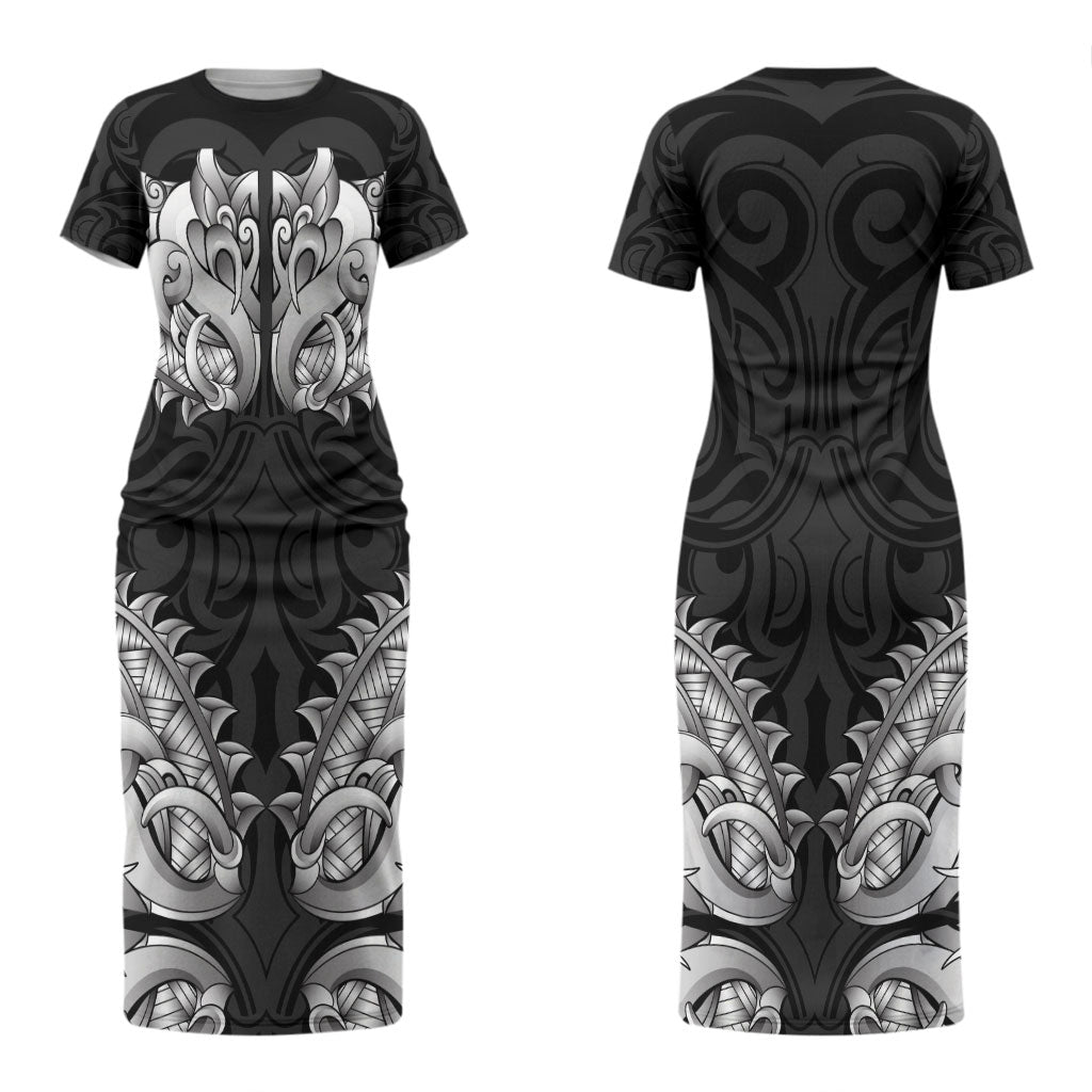 New Zealand Ta Moko Couples Matching Short Sleeve Bodycon Dress and Hawaiian Shirt Aotearoa Maori Chest Tattoo Black