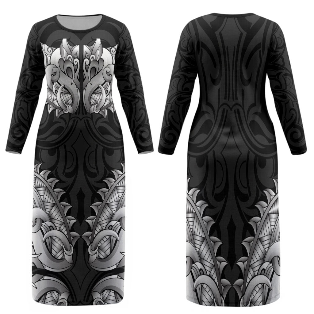 New Zealand Ta Moko Family Matching Long Sleeve Bodycon Dress and Hawaiian Shirt Aotearoa Maori Chest Tattoo Black
