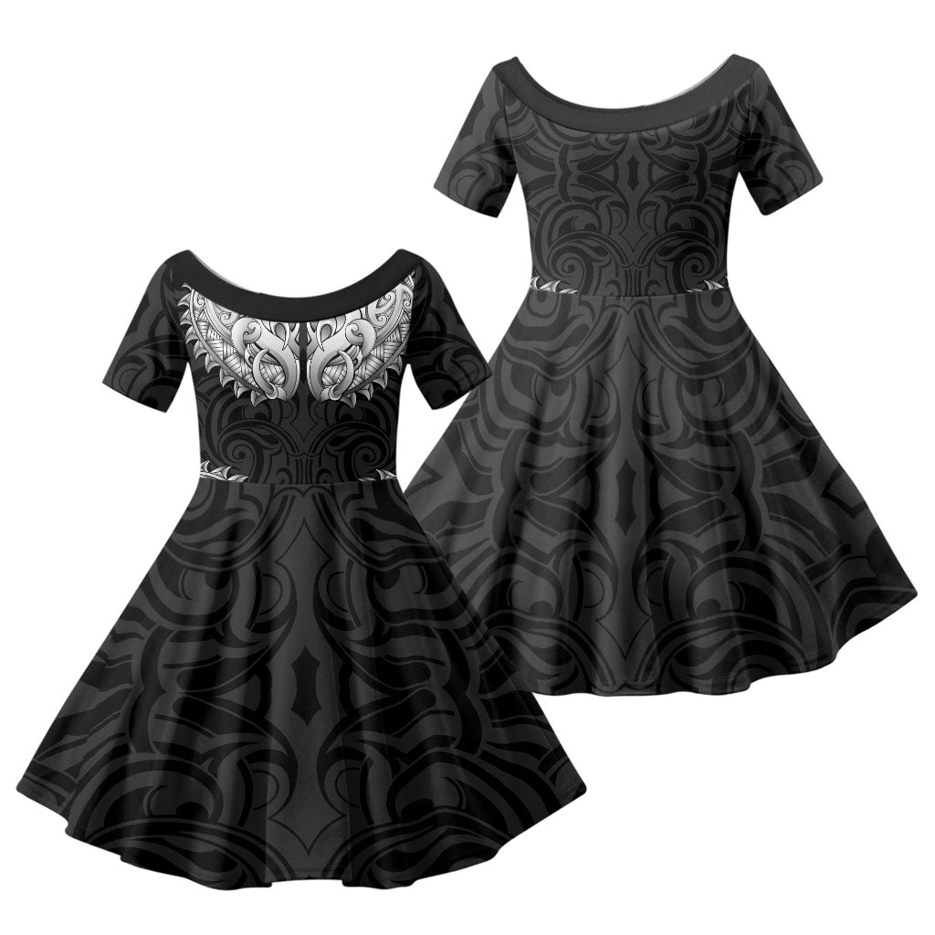 New Zealand Ta Moko Family Matching Summer Maxi Dress and Hawaiian Shirt Aotearoa Maori Chest Tattoo Black
