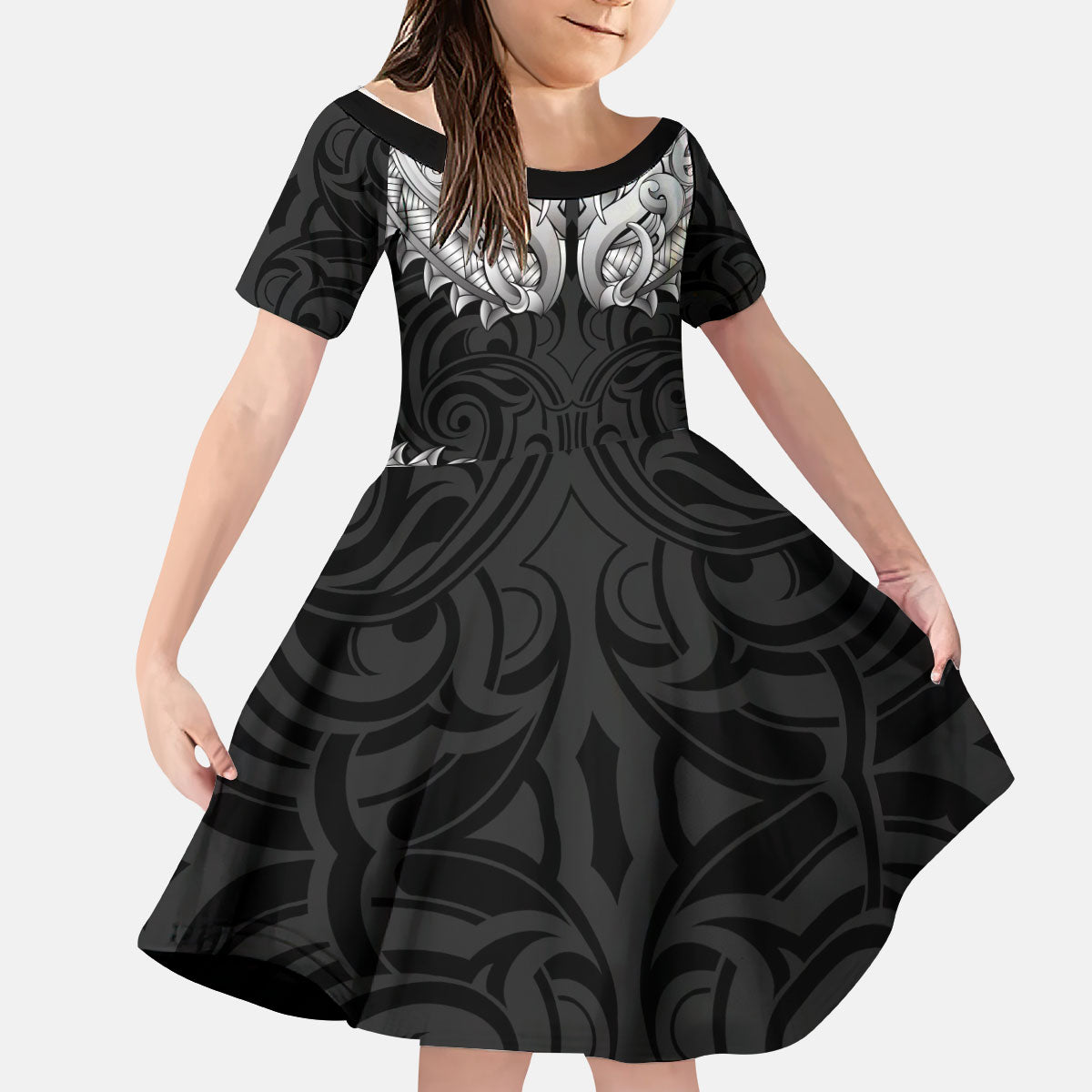 New Zealand Ta Moko Kid Short Sleeve Dress Aotearoa Maori Chest Tattoo Black