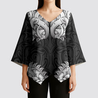 New Zealand Ta Moko Kimono Sleeve Blouse Aotearoa Maori Chest Tattoo Black