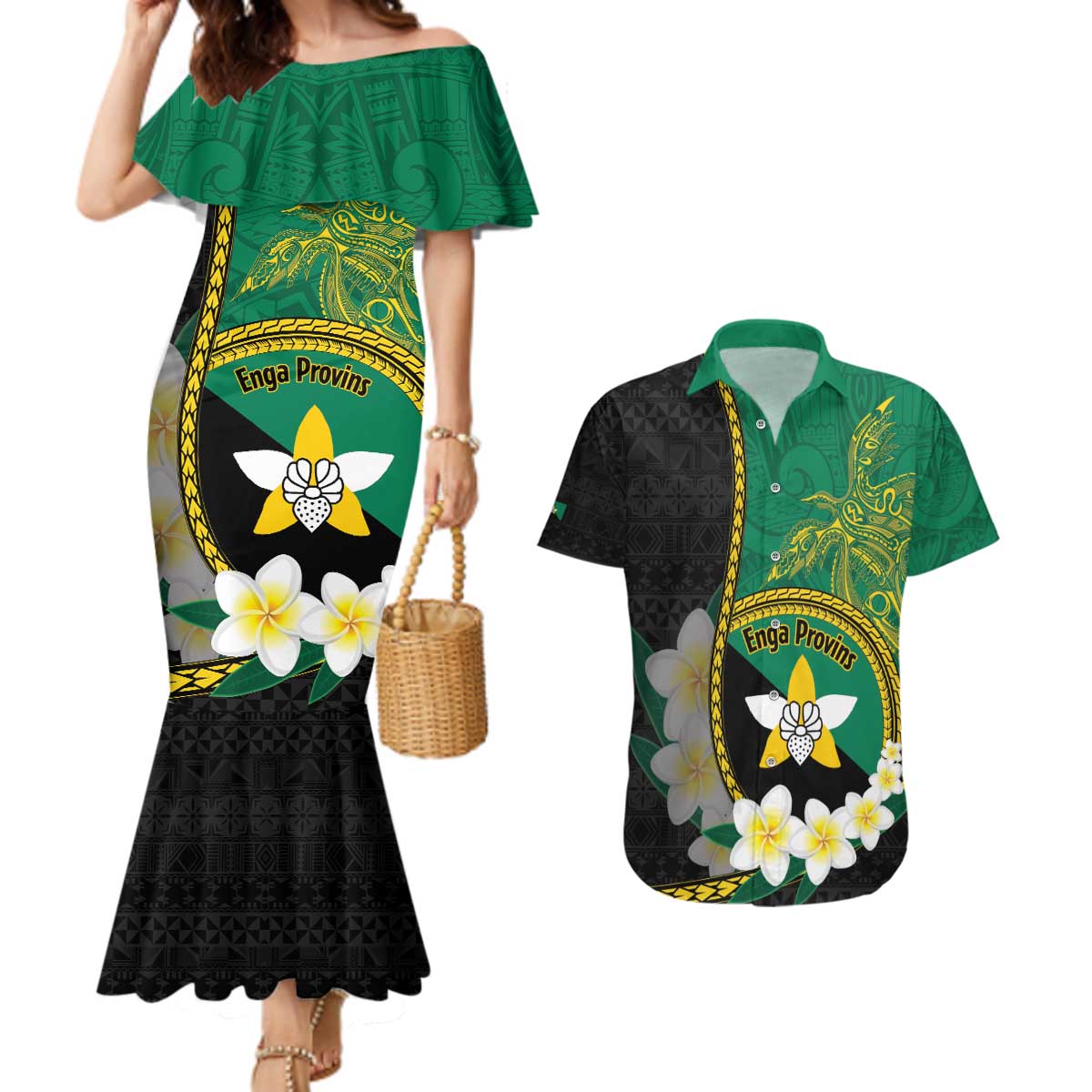 Personalised PNG Enga Provins Couples Matching Mermaid Dress and Hawaiian Shirt Papua New Guinea Plumeria Melanesian Pattern - Polynesian Pride