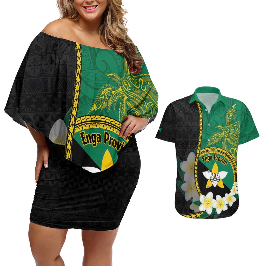 Personalised PNG Enga Provins Couples Matching Off Shoulder Short Dress and Hawaiian Shirt Papua New Guinea Plumeria Melanesian Pattern - Polynesian Pride
