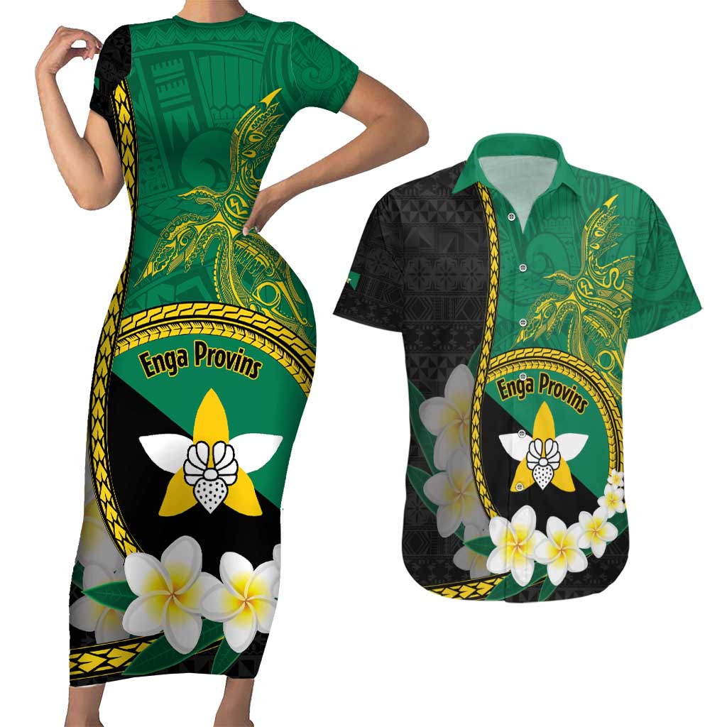 Personalised PNG Enga Provins Couples Matching Short Sleeve Bodycon Dress and Hawaiian Shirt Papua New Guinea Plumeria Melanesian Pattern - Polynesian Pride