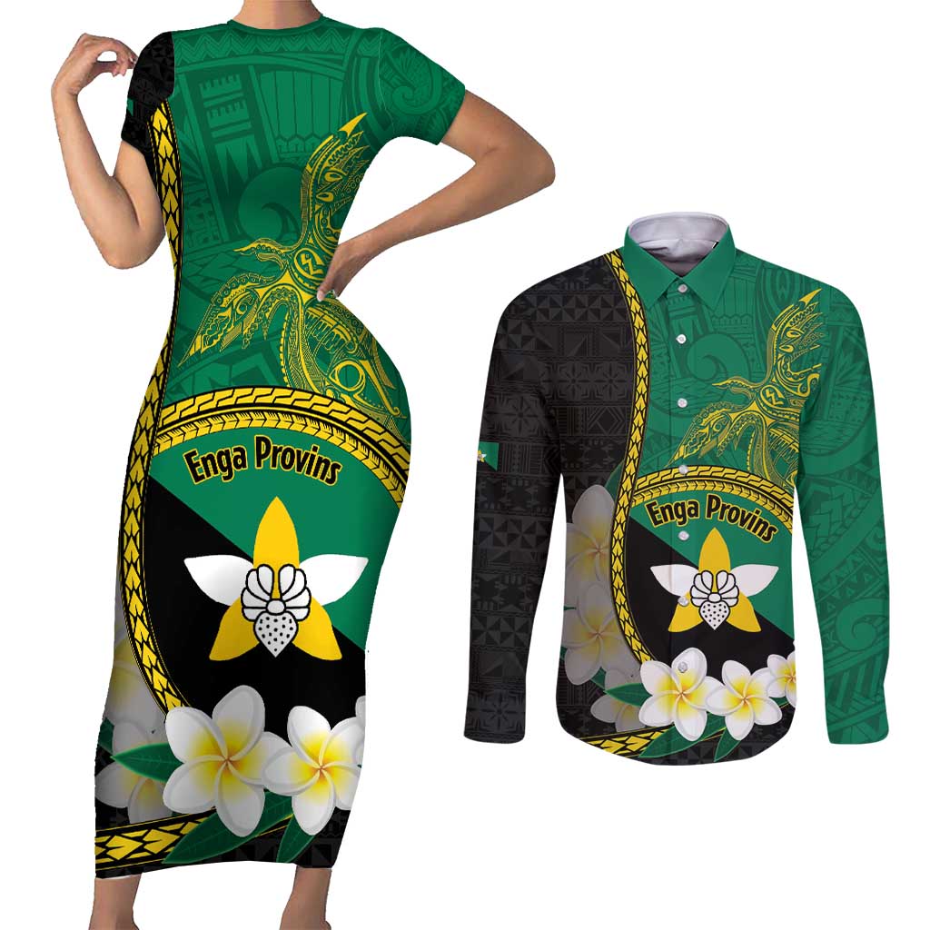 Personalised PNG Enga Provins Couples Matching Short Sleeve Bodycon Dress and Long Sleeve Button Shirt Papua New Guinea Plumeria Melanesian Pattern - Polynesian Pride