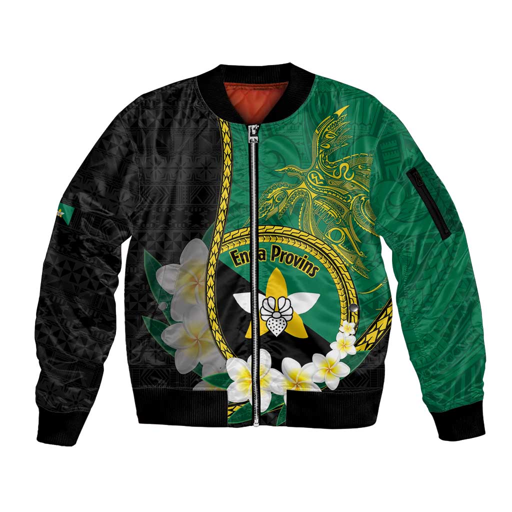 Personalised PNG Enga Provins Sleeve Zip Bomber Jacket Papua New Guinea Plumeria Melanesian Pattern - Polynesian Pride
