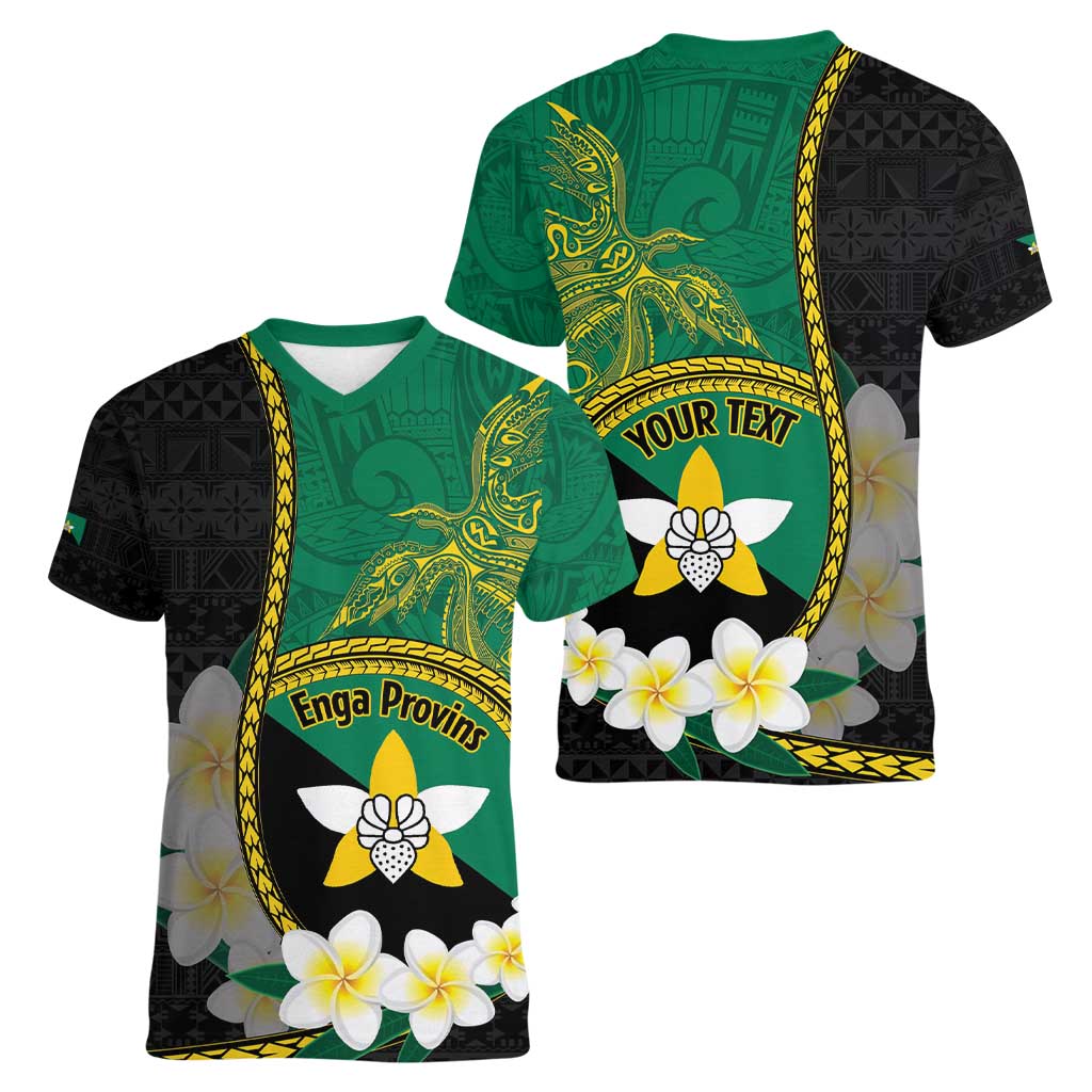 Personalised PNG Enga Provins Women V-Neck T-Shirt Papua New Guinea Plumeria Melanesian Pattern - Polynesian Pride