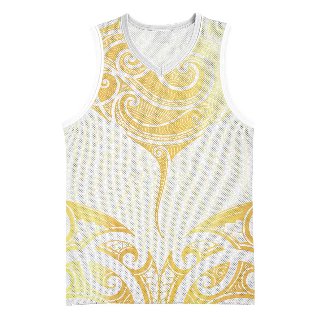 Gold White New Zealand Manta Ray Basketball Jersey Aotearoa Maori Haehae LT14 Unisex White - Polynesian Pride