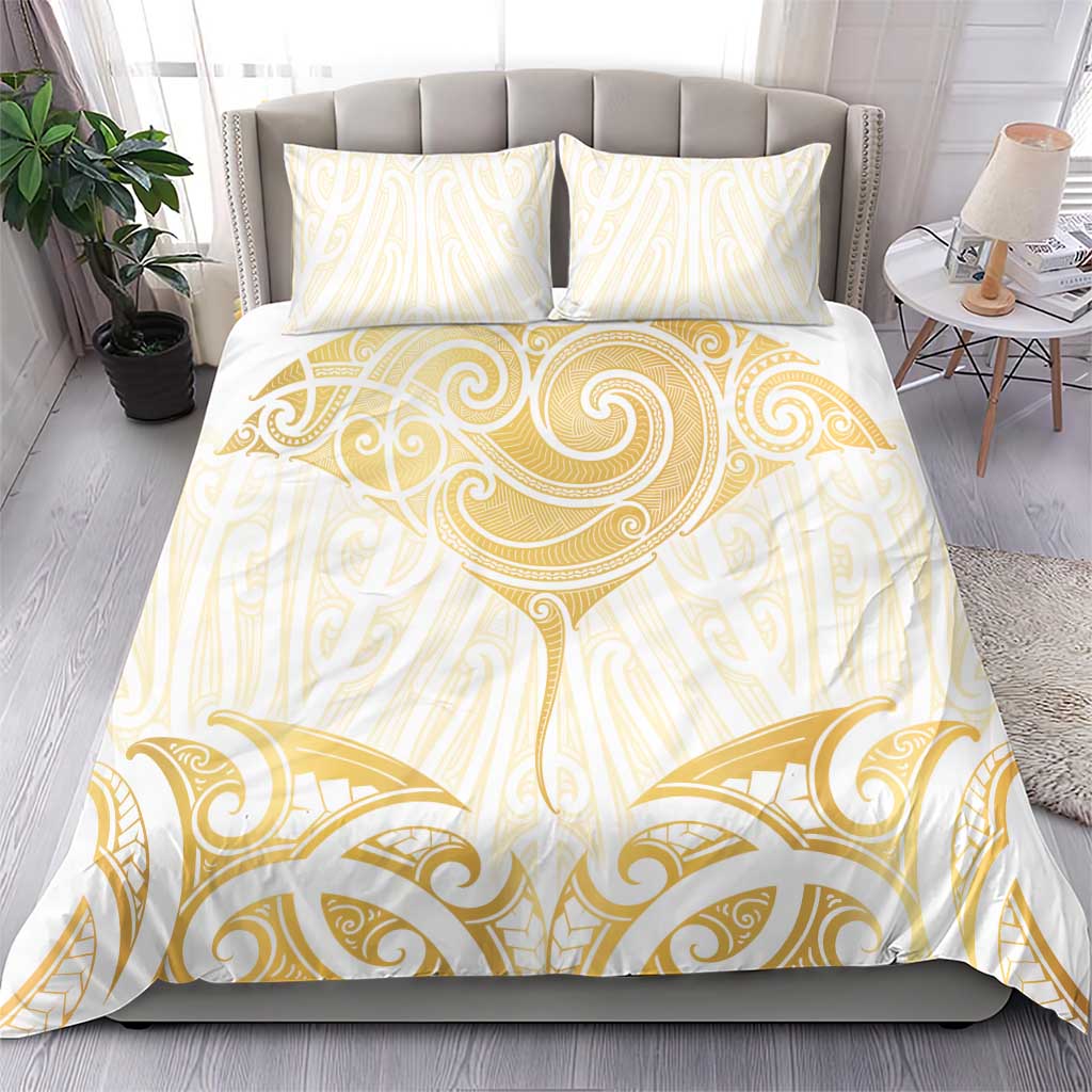 Gold White New Zealand Manta Ray Bedding Set Aotearoa Maori Haehae - Polynesian Pride