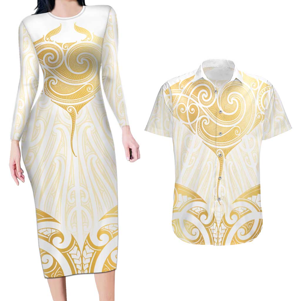 Gold White New Zealand Manta Ray Couples Matching Long Sleeve Bodycon Dress and Hawaiian Shirt Aotearoa Maori Haehae - Polynesian Pride