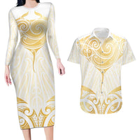 Gold White New Zealand Manta Ray Couples Matching Long Sleeve Bodycon Dress and Hawaiian Shirt Aotearoa Maori Haehae - Polynesian Pride