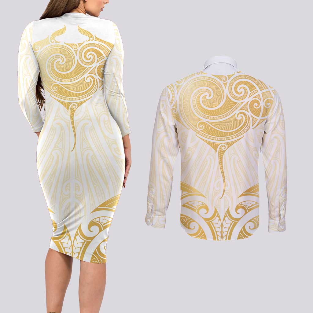 Gold White New Zealand Manta Ray Couples Matching Long Sleeve Bodycon Dress and Long Sleeve Button Shirt Aotearoa Maori Haehae - Polynesian Pride