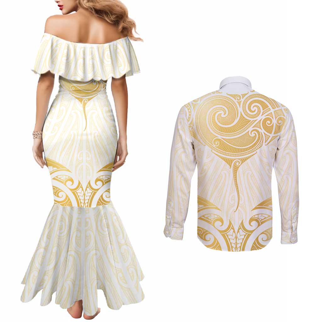 Gold White New Zealand Manta Ray Couples Matching Mermaid Dress and Long Sleeve Button Shirt Aotearoa Maori Haehae - Polynesian Pride