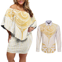 Gold White New Zealand Manta Ray Couples Matching Off Shoulder Short Dress and Long Sleeve Button Shirt Aotearoa Maori Haehae LT14 White - Polynesian Pride