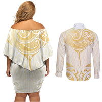 Gold White New Zealand Manta Ray Couples Matching Off Shoulder Short Dress and Long Sleeve Button Shirt Aotearoa Maori Haehae LT14 - Polynesian Pride