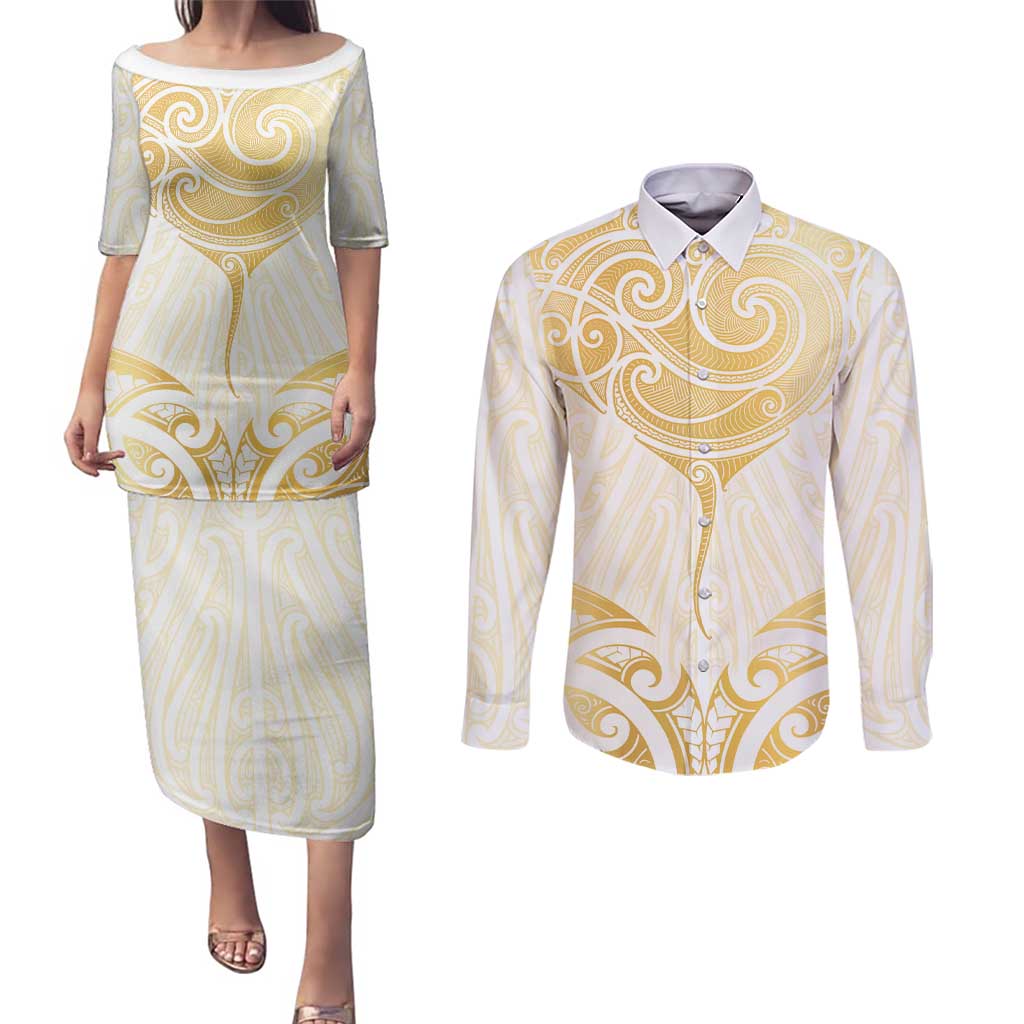 Gold White New Zealand Manta Ray Couples Matching Puletasi and Long Sleeve Button Shirt Aotearoa Maori Haehae LT14 White - Polynesian Pride