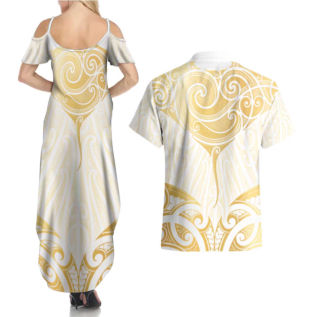 Gold White New Zealand Manta Ray Couples Matching Summer Maxi Dress and Hawaiian Shirt Aotearoa Maori Haehae - Polynesian Pride