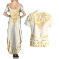 Gold White New Zealand Manta Ray Couples Matching Summer Maxi Dress and Hawaiian Shirt Aotearoa Maori Haehae - Polynesian Pride
