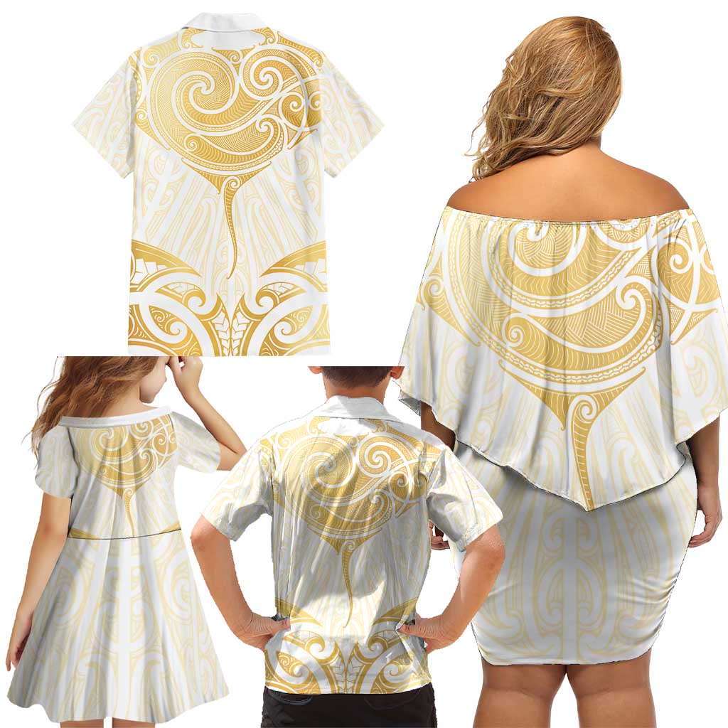 Gold White New Zealand Manta Ray Family Matching Off Shoulder Short Dress and Hawaiian Shirt Aotearoa Maori Haehae LT14 - Polynesian Pride