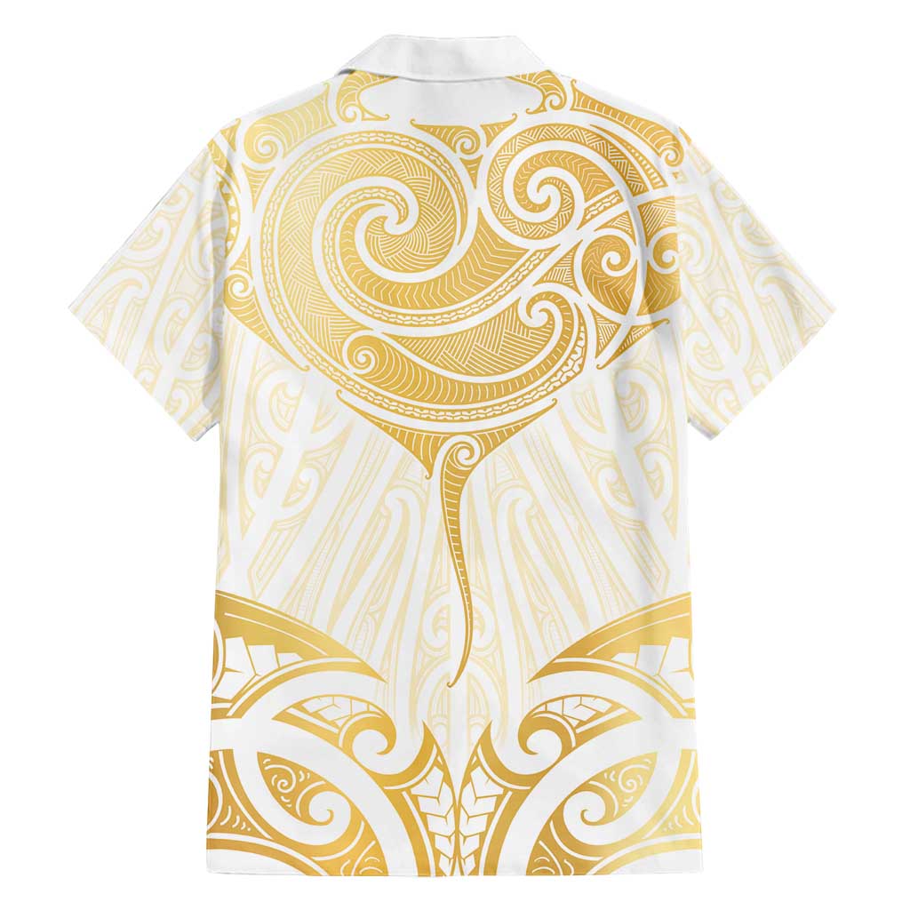 Gold White New Zealand Manta Ray Family Matching Off Shoulder Short Dress and Hawaiian Shirt Aotearoa Maori Haehae LT14 - Polynesian Pride