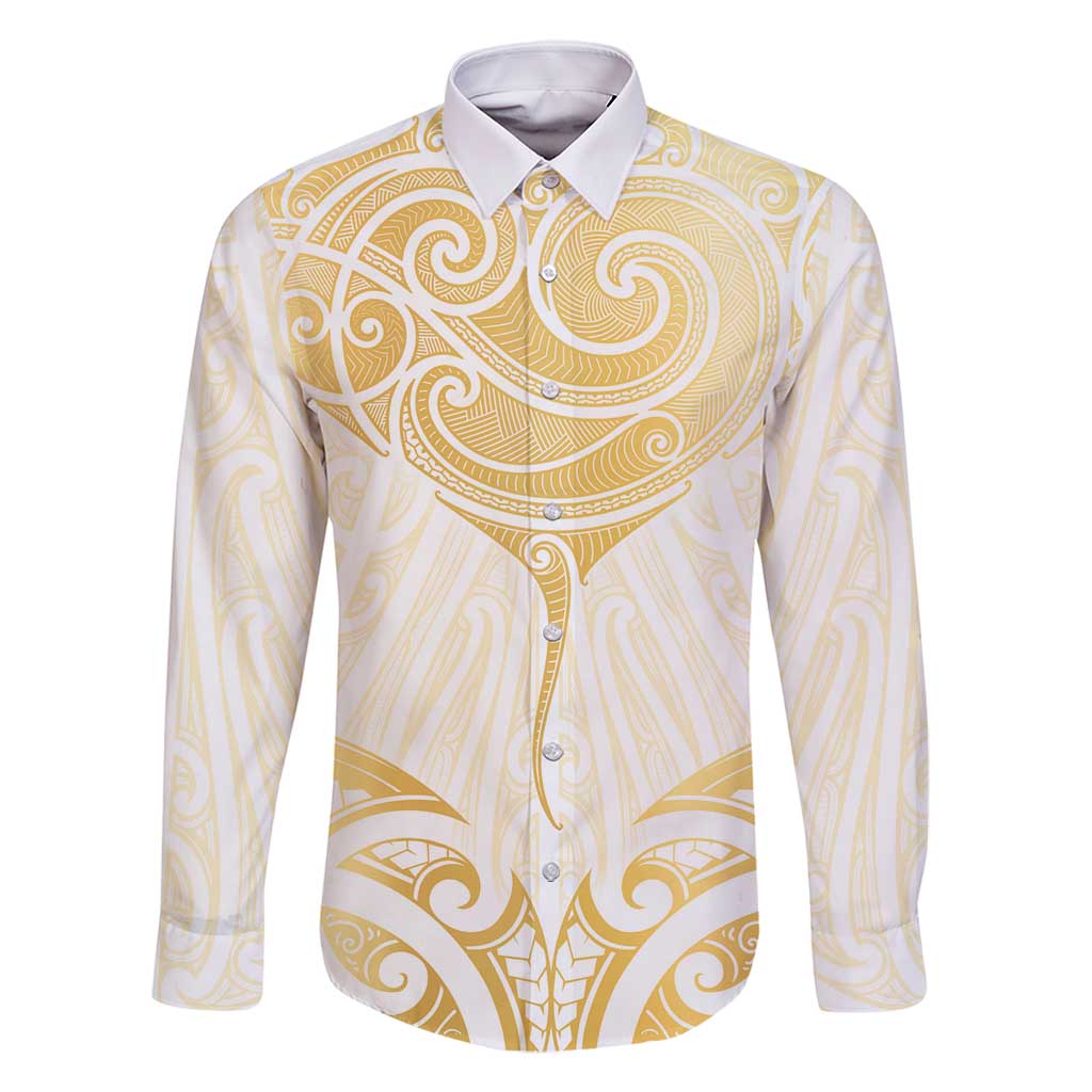 Gold White New Zealand Manta Ray Family Matching Off Shoulder Short Dress and Hawaiian Shirt Aotearoa Maori Haehae LT14 Dad's Shirt - Long Sleeve White - Polynesian Pride