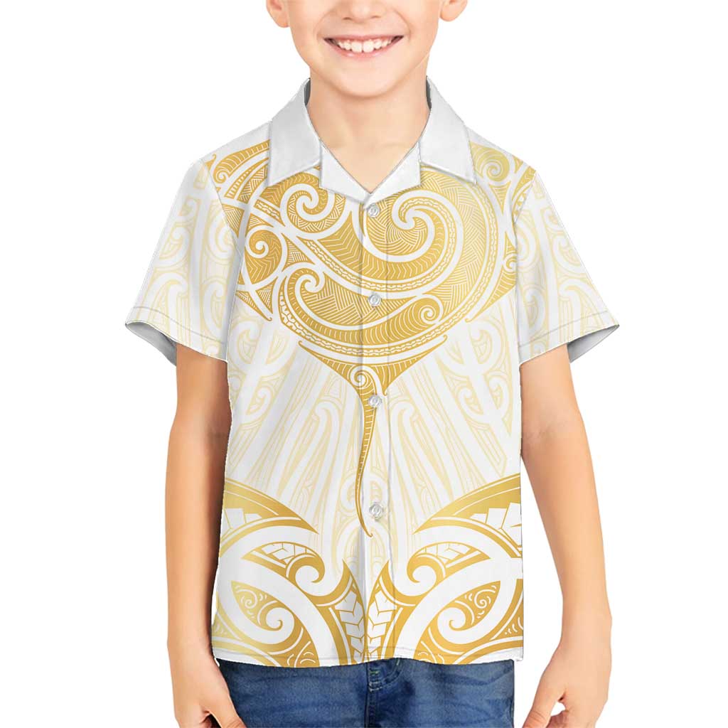 Gold White New Zealand Manta Ray Family Matching Puletasi and Hawaiian Shirt Aotearoa Maori Haehae LT14 Son's Shirt White - Polynesian Pride