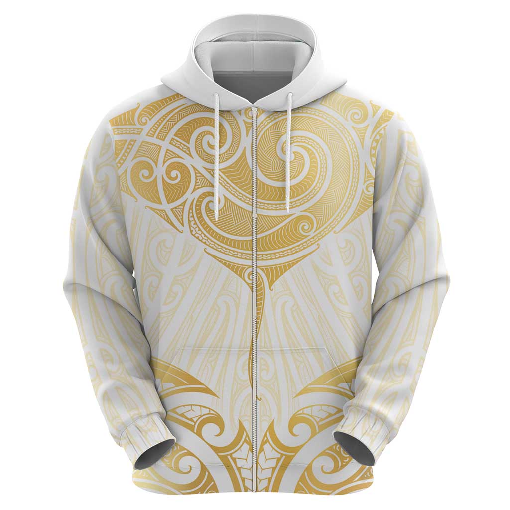 Gold White New Zealand Manta Ray Hoodie Aotearoa Maori Haehae - Polynesian Pride
