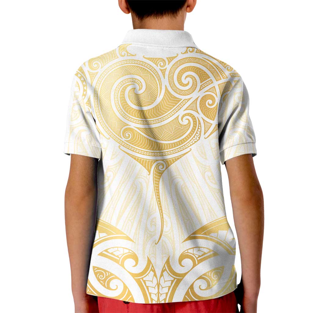 Gold White New Zealand Manta Ray Kid Polo Shirt Aotearoa Maori Haehae - Polynesian Pride