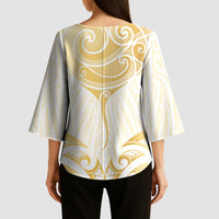 Gold White New Zealand Manta Ray Kimono Sleeve Blouse Aotearoa Maori Haehae - Polynesian Pride