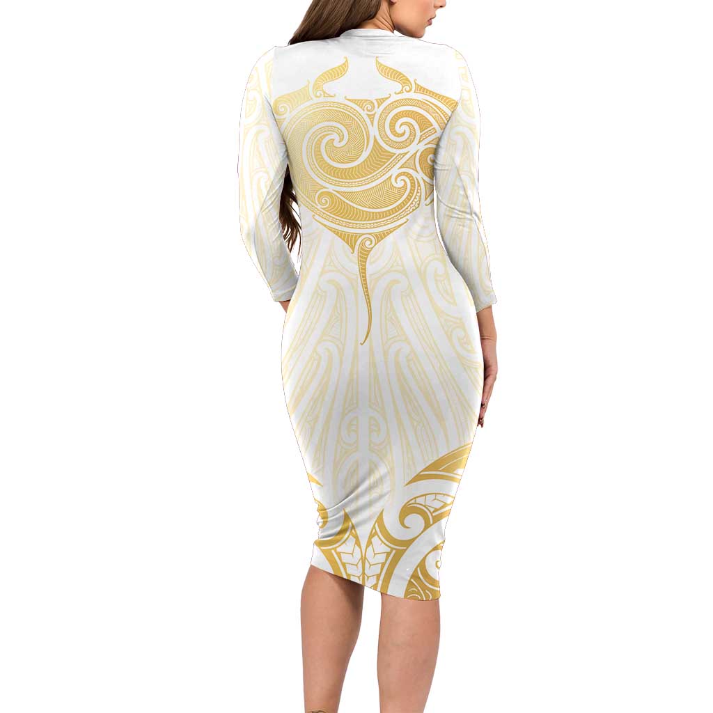 Gold White New Zealand Manta Ray Long Sleeve Bodycon Dress Aotearoa Maori Haehae - Polynesian Pride