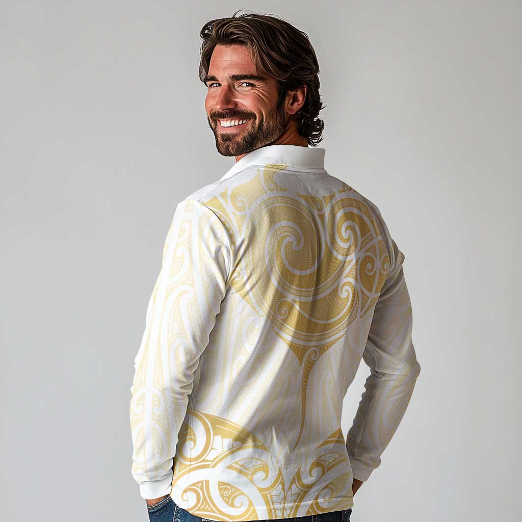 Gold White New Zealand Manta Ray Long Sleeve Polo Shirt Aotearoa Maori Haehae - Polynesian Pride