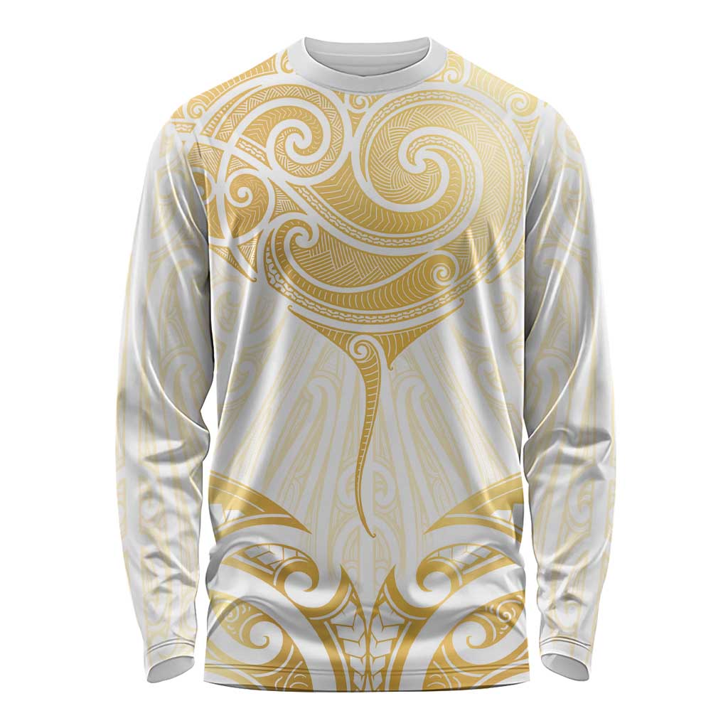 Gold White New Zealand Manta Ray Long Sleeve Shirt Aotearoa Maori Haehae LT14 Unisex White - Polynesian Pride