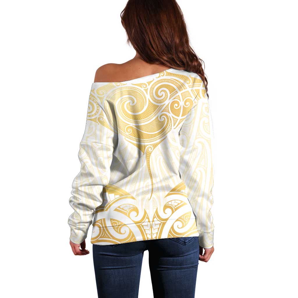 Gold White New Zealand Manta Ray Off Shoulder Sweater Aotearoa Maori Haehae - Polynesian Pride