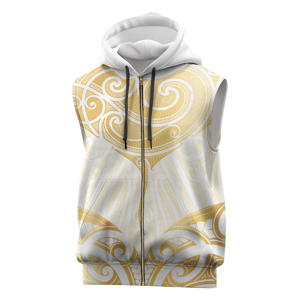 Gold White New Zealand Manta Ray Sleeveless Zip Hoodie Aotearoa Maori Haehae - Polynesian Pride