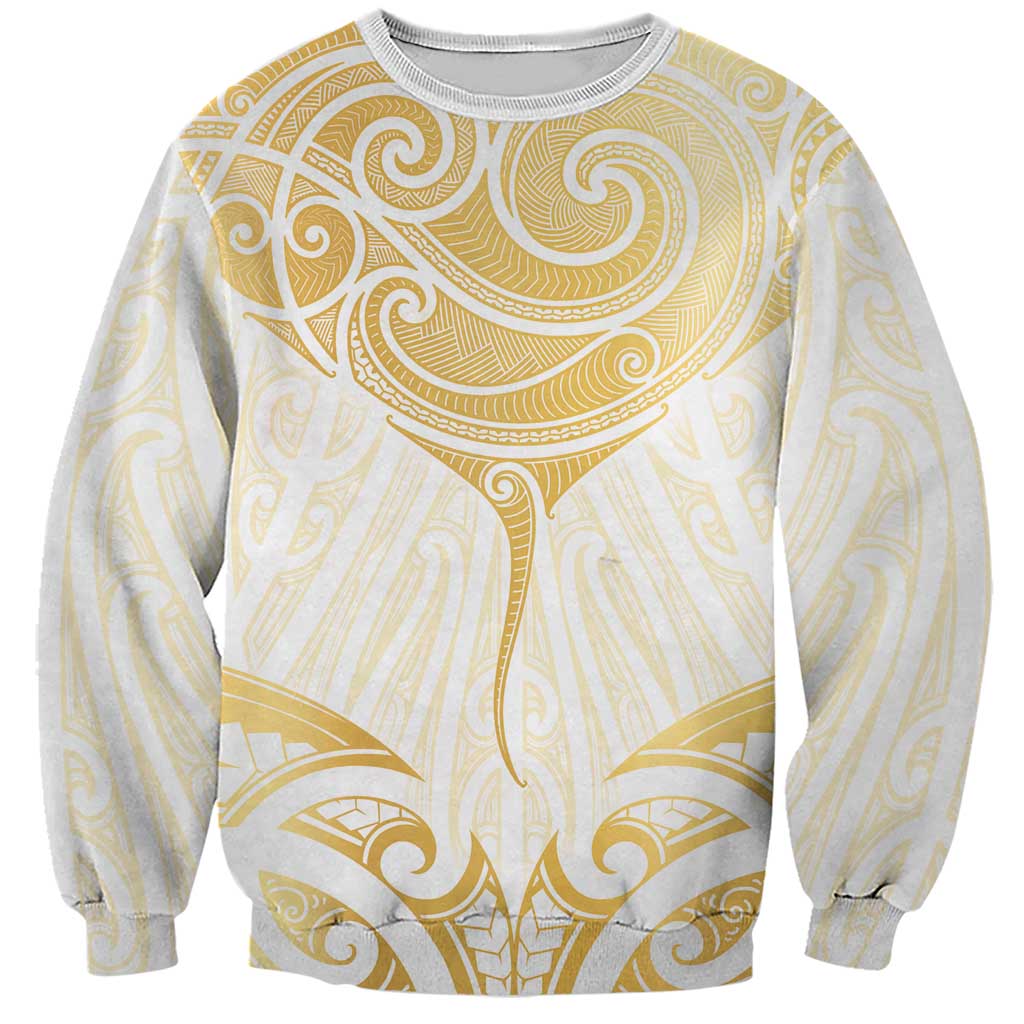 Gold White New Zealand Manta Ray Sweatshirt Aotearoa Maori Haehae LT14 Unisex White - Polynesian Pride