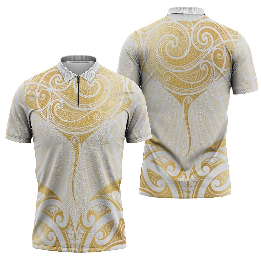 Gold White New Zealand Manta Ray Zipper Polo Shirt Aotearoa Maori Haehae - Polynesian Pride