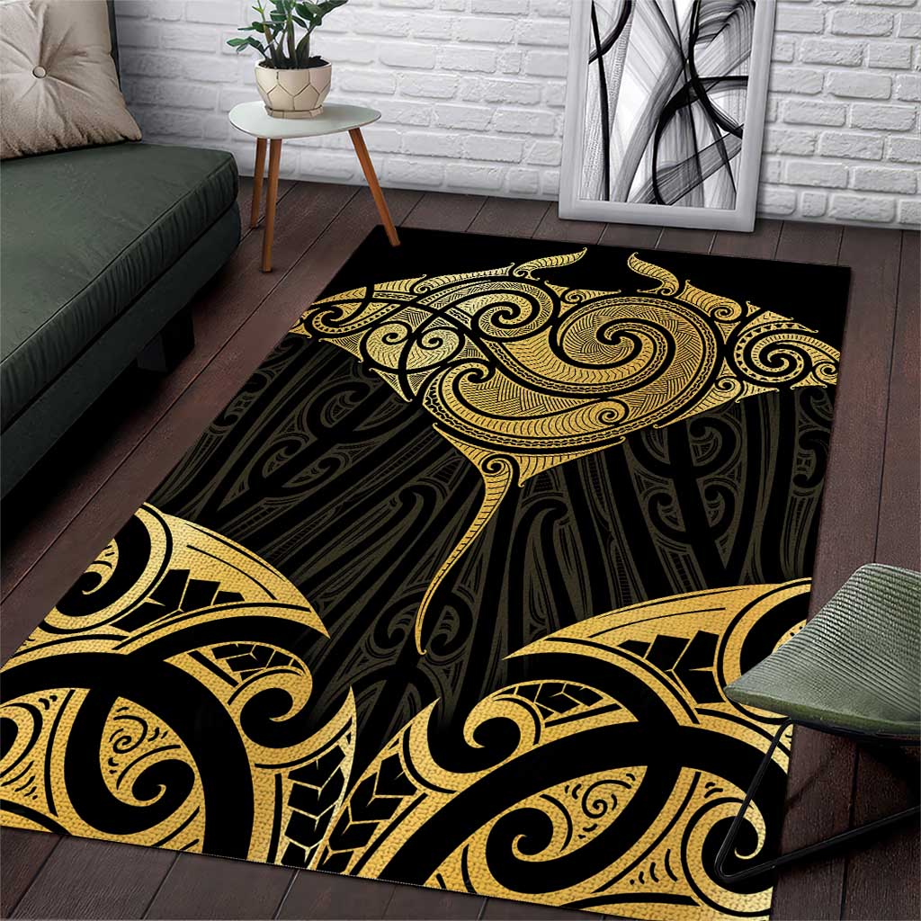 Gold Black New Zealand Manta Ray Area Rug Aotearoa Maori Haehae - Polynesian Pride