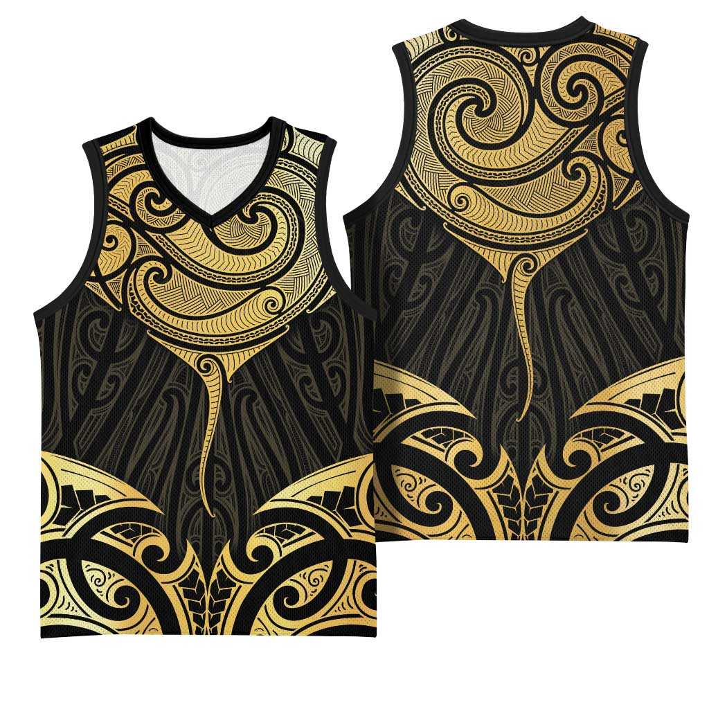Gold Black New Zealand Manta Ray Basketball Jersey Aotearoa Maori Haehae LT14 - Polynesian Pride