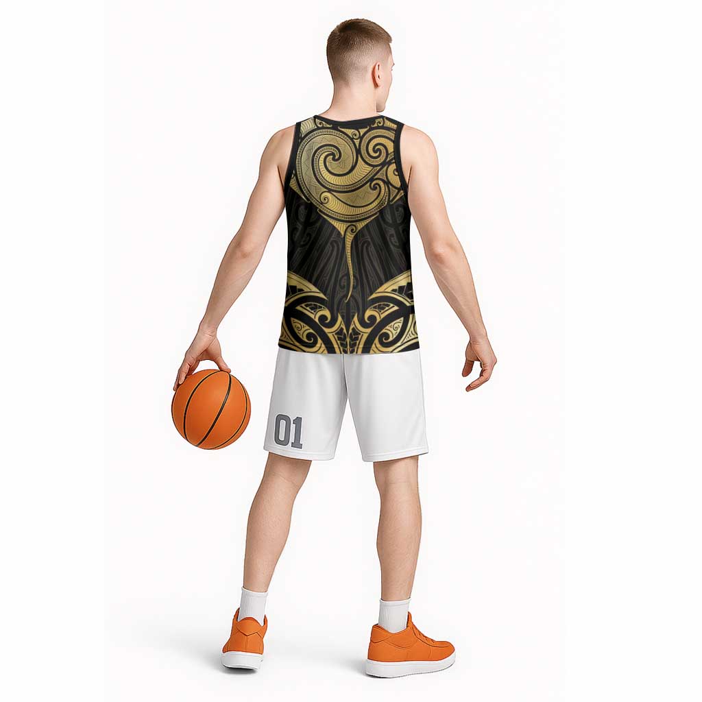 Gold Black New Zealand Manta Ray Basketball Jersey Aotearoa Maori Haehae LT14 - Polynesian Pride