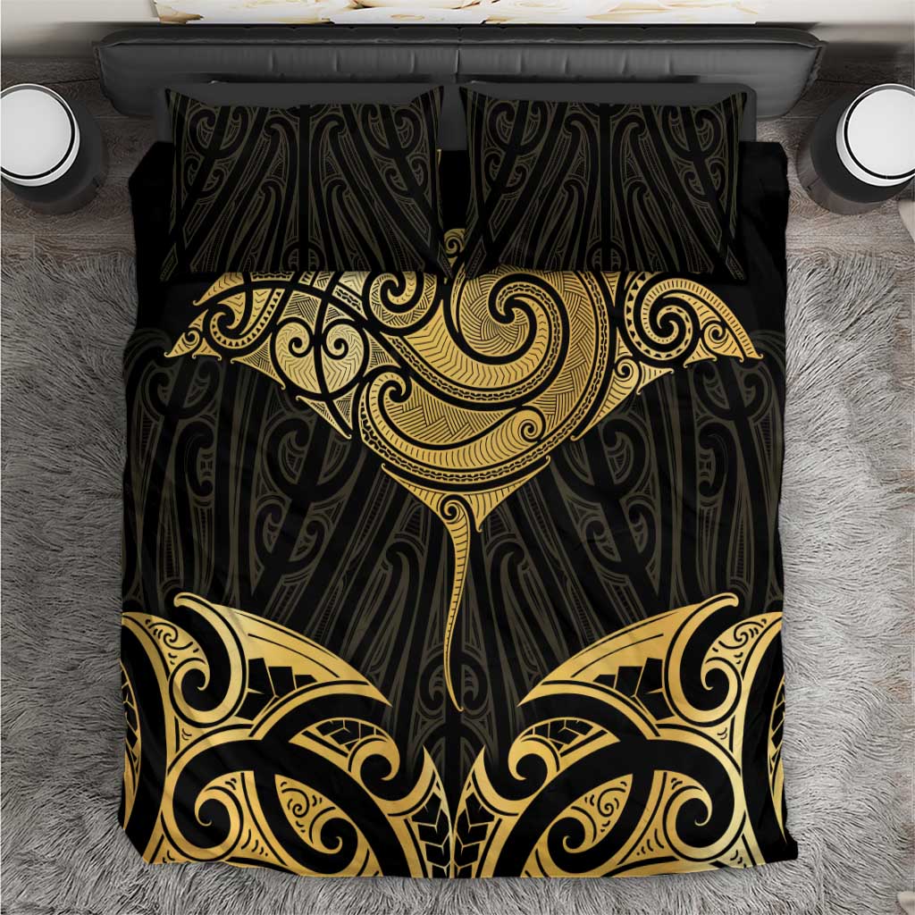 Gold Black New Zealand Manta Ray Bedding Set Aotearoa Maori Haehae - Polynesian Pride
